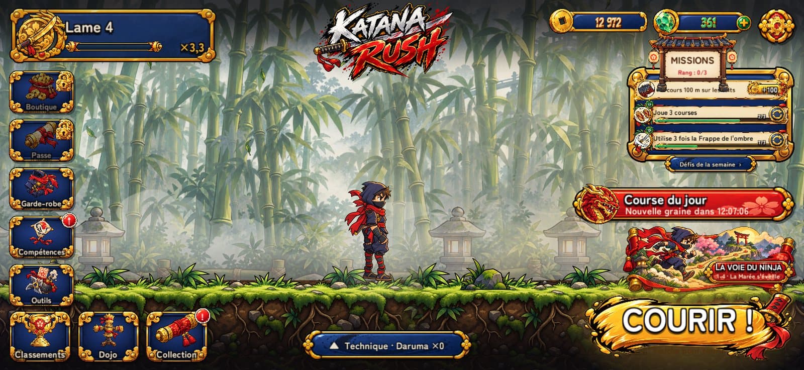 Écran d’accueil de Katana Rush avec missions et course du jour